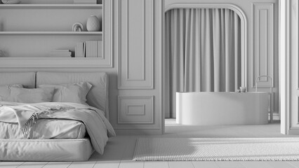 Total white project draft, classic bathroom and bedroom. Bed and carpet, arched walls with curtains, freestanding bathtub. Molded walls, parquet. Neoclassic interior design, close up