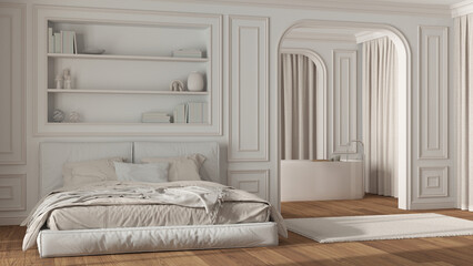 Neoclassic bedroom and bathroom in white and beige tones. Modern bed and freestanding bathtub, arched walls with curtains. Molded walls and parquet. Classic interior design