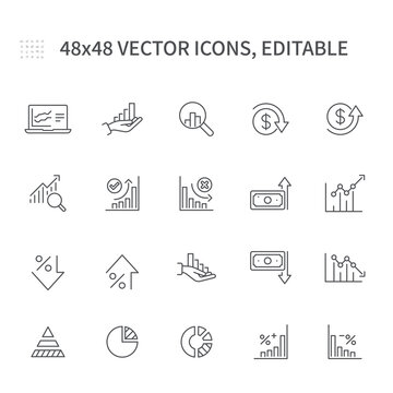 Simple vector line icons. On the theme of charts and graphs contains such icons as chart increase, dollar increase, grays work, growth, stock growth, and more.