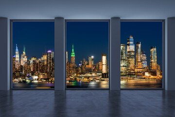Fototapeta na wymiar Midtown New York City Manhattan Skyline Buildings from High Rise Window. Beautiful Expensive Real Estate. Empty room Interior Skyscrapers View Cityscape. Night. Hudson Yards West Side. 3d rendering