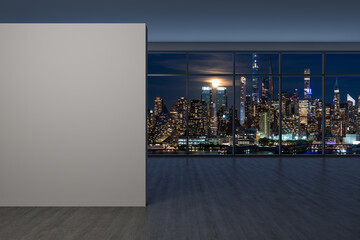 Midtown New York City Manhattan Skyline Buildings from High Rise Window. Expensive Real Estate. Empty room Interior with Mockup wall. Skyscrapers View Cityscape. Night. West side. 3d rendering.