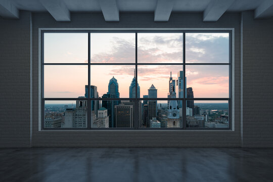 Empty Room Interior Skyscrapers View Cityscape. Downtown Philadelphia City Skyline Buildings From High Rise Window. Beautiful Real Estate. Sunset. 3d Rendering.