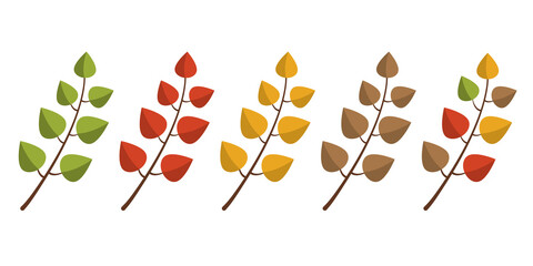A set of autumn leaves on branches in different colors in a flat style. Vector image.