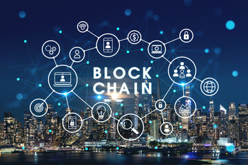 Fototapeta premium New York City skyline from New Jersey over the Hudson River with the skyscrapers at night, Manhattan, Midtown, USA. Decentralized economy. Blockchain, cryptography and cryptocurrency concept, hologram