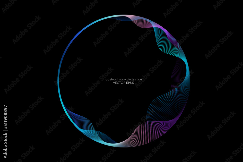 Poster Vector abstract circles lines wavy in round frame colorful spectrum light isolated on black background with empty space for text in concept technology, digital, music, science.