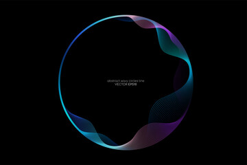 Vector abstract circles lines wavy in round frame colorful spectrum light isolated on black background with empty space for text in concept technology, digital, music, science. - 511908897