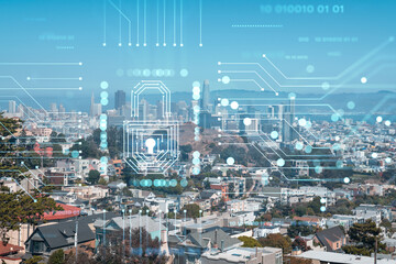 Plakat Panoramic view of San Francisco skyline at daytime from hill side. Financial District, residential neighborhoods. The concept of cyber security to protect confidential information, padlock hologram