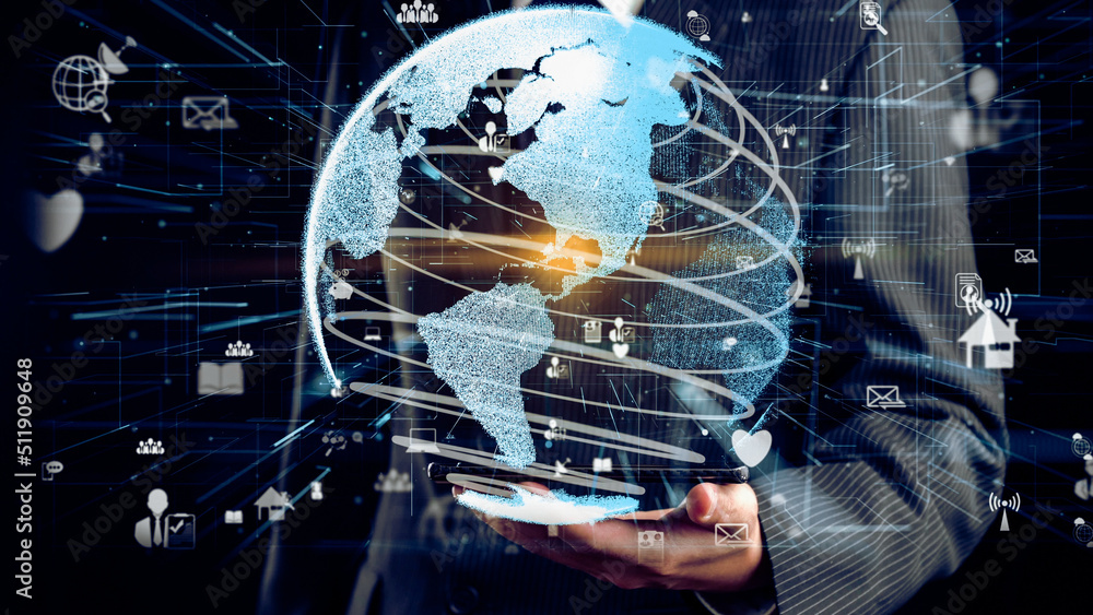 Fototapete businessman show hologram of global network communication allusive technology. virtual augmented rea