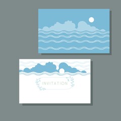 invitation cards in blue color with sun in clouds on river