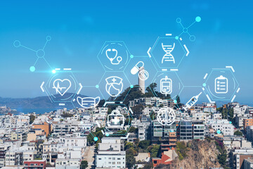 Panoramic cityscape view of San Francisco at day time, Coit Tower and Telegraph Hill, California, United States. Health care digital medicine hologram. The concept of treatment and disease prevention