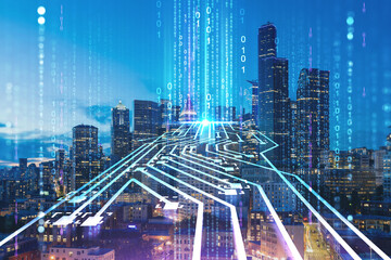 Illuminated aerial cityscape of Seattle, downtown at night time, Washington, USA. Artificial Intelligence concept, hologram. AI, machine learning, neural network, robotics