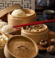 Bamboo steamers with assorted dim sum, Chinese cuisine