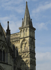 Fototapeta na wymiar Gothic Cathedral of Salisbury. 13-14 century. Top detail decoration with pinnacles. England. United Kingdom.
