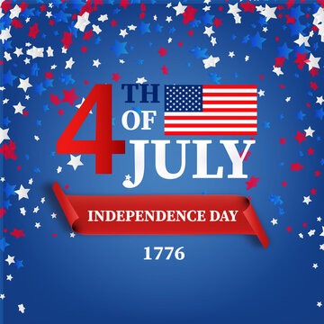 Fourth of July greeting card template. July 4 USA.USA celebration with confetti stars in national colors for American Independence Day isolated on background.