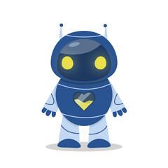 Cute character robot in blue and yellow with liquid in the middle of the body. Vector graphic.