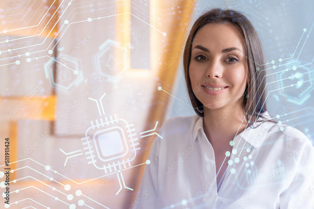 Poster portrait of attractive smiling businesswoman in formal wear thinking how to optimize business proces