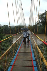 A man walking with his bicycle on cable stay bridge across river. 
