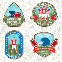 Set of american football or rugby club embroidery patch. Vector for shirt, logo, print, stamp, patch. Vintage design with american football sportsman player, helmet, ball and shoulder pads silhouette