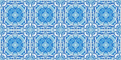 Blue white watercolor azulejo tile border background. Seamless coastal geometrical floral mosaic effect banner. Ornamental arabesque summer fashion repeat edge trim.