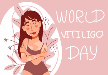 Beautiful girl with long hair in a swimsuit and with vitiligo. Postcard for World Vitiligo Day. The woman has a skin disease. Vector illustration in a flat style.