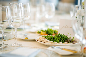 buffet table, Canape, sandwiches, snacks, holiday table, sliced, glasses, celebration, new year, christmas, fourchette, catering, table setting, restaurant
