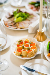 buffet table, Canape, sandwiches, snacks, holiday table, sliced, glasses, celebration, new year, christmas, fourchette, catering, table setting, restaurant