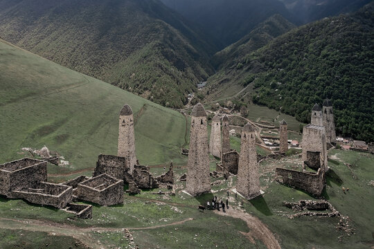 Ruins of an ancient Ingush mountain village with stone towers and houses, Ingushetia, Russia