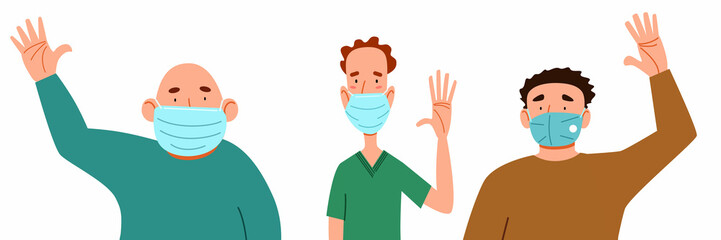 Fashionable men in medical masks say hello. A set of flat vector illustrations with a gesture of greeting people.