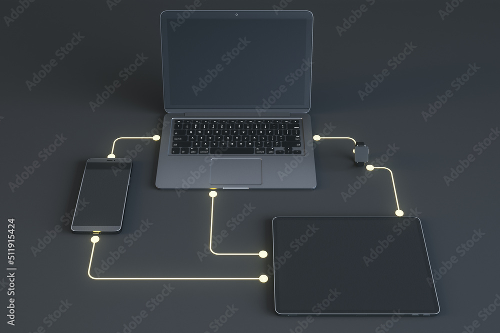 Poster cloud data exchange and wireless connection concept with modern gadgets, digital tablet, laptop, sma
