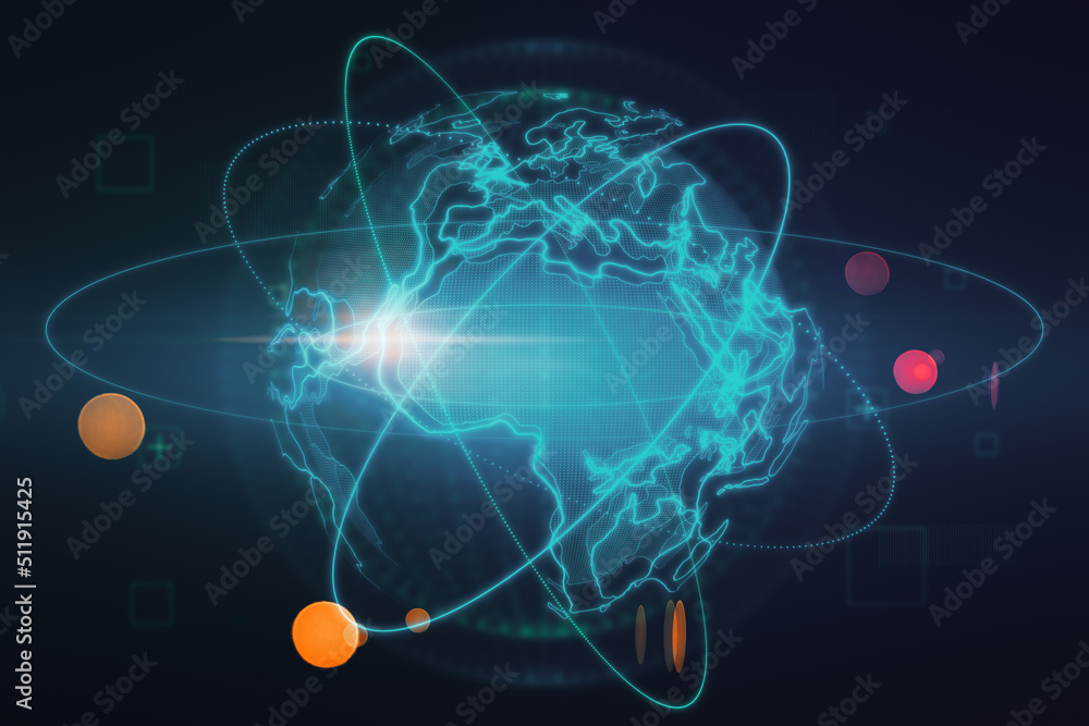 Aufkleber Hologram of globe. A holographic projection of planet earth. Flickering energy particles on blurry abstract dark background. Science, future and globalization concept. 3D Rendering.