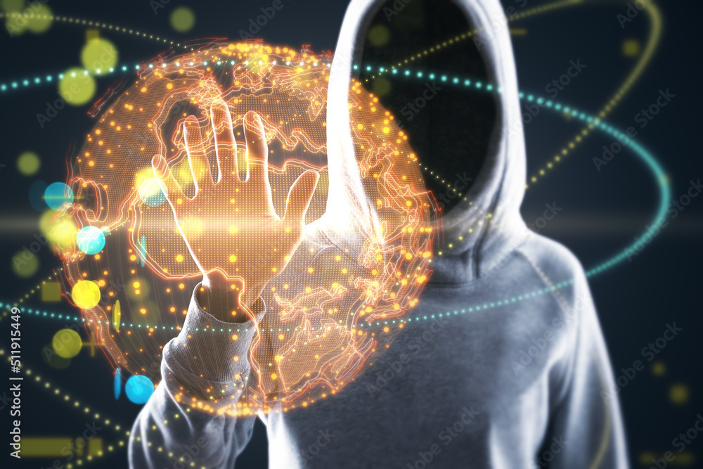 Poster hacker hand using bright globe hologram. a holographic projection of planet earth. flickering energy