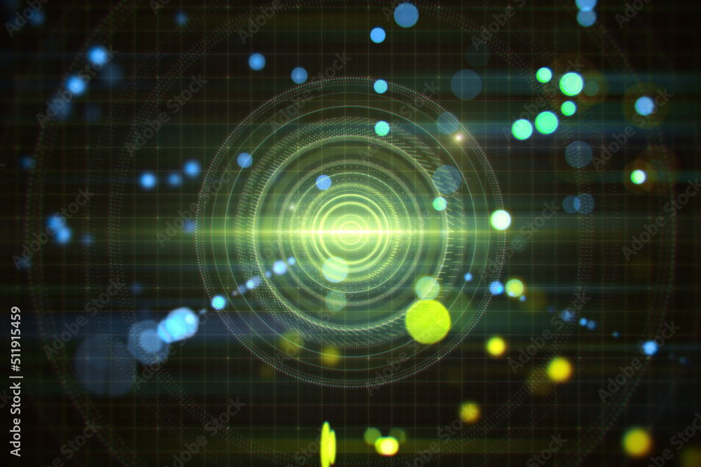 Poster Blurry dark lens or round interface backdrop with grid and blurry bokeh circles. Space, sci fi and flare concept. 3D Rendering.