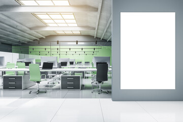 Modern concrete coworking office interior with blank mock up poster on wall, furniture, equipment, glass partitions and sunlight. Empty workplace concept. 3D Rendering.