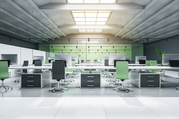 Modern concrete coworking office interior with furniture, equipment, glass partitions and sunlight. Empty workplace concept. 3D Rendering.