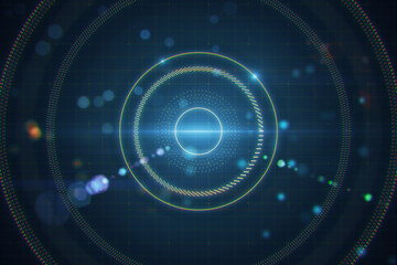 Abstract blurry dark lens or round interface wallpaper with grid and blurry bokeh circles. Space, sci fi and flare concept. 3D Rendering.