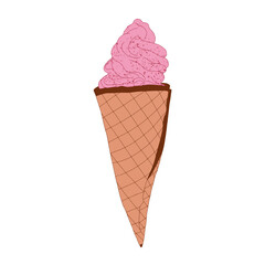 Ice cream in a waffle glass. Pink cooling horn. Strawberry, cherry, berry dessert.