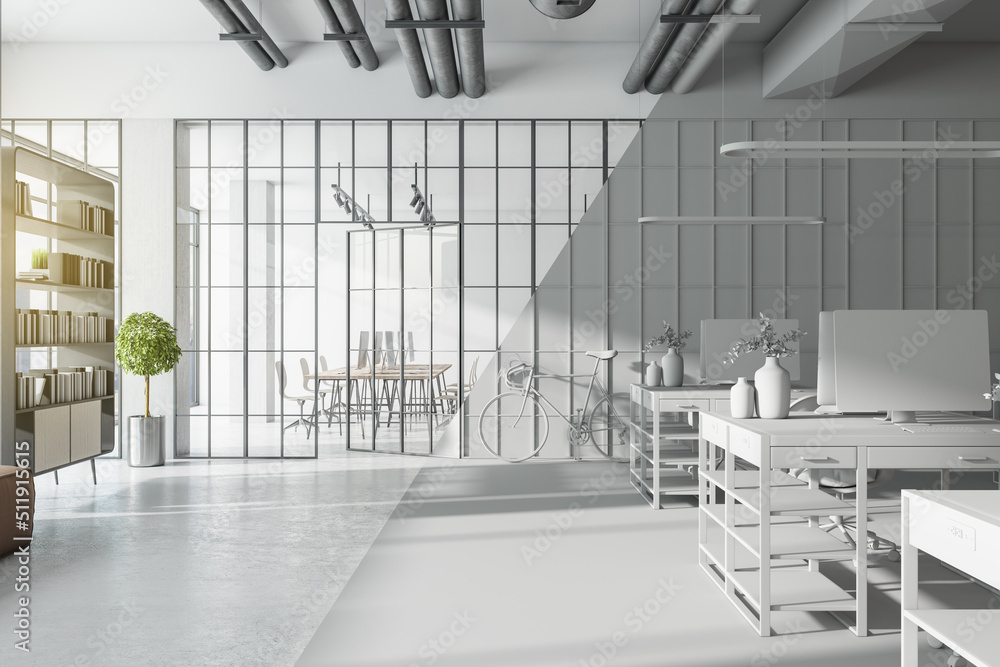 Poster 3d visualization of sunny modern open space office with concrete floor and lattice glass walls and 3