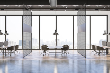 Side view on modern design workspaces divided by lattice partitions in coworking office with wooden and concrete floor and city view from panoramic window. 3D rendering