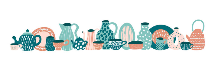 Ceramics, pottery kitchenware collection . Dishes, pot, cup, mug, spoon, plate, jug, bowl isolated on white. Hand drawn vector set. Flat design.