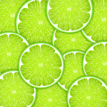 Background of fresh green lime slices. Seamless pattern for your design. Realistic 3d vector illustration. Close-up.