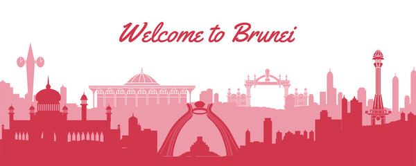 Brunei famous landmark silhouette style with text inside,vector illustration - obrazy, fototapety, plakaty