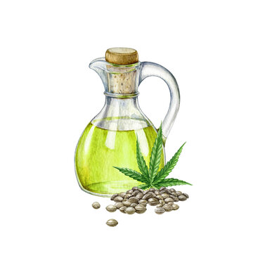 Hemp oil in glass bottle watercolor illustration. Raw cbd medical care oil from cannabis seeds. Hemp oil food and medicine supplement. Cannabis sativa medical herb extract in the bottle