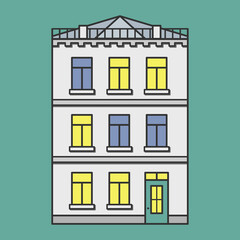 Old 3-floor building with light in windows vector flat illustration