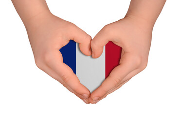 Fototapeta premium Kid's hands in heart- form. National peace concept on white background. France