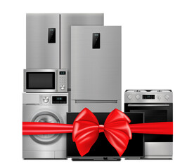 Group of household appliances with red gift ribbon and bow. Refrigerator, microwave, TV, washing machine, gas stove isolated on white background. 3d Rendering. Realistic vector illustration