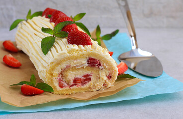 Cream and strawberry roll