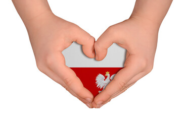 Obraz premium Kid's hands in heart- form. National peace concept on white background. Poland
