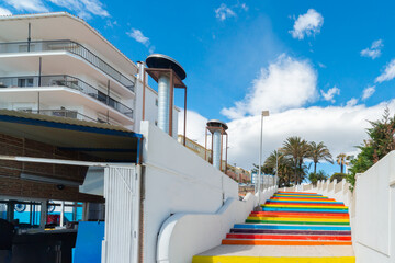 Colorful stairs in the small touristic town of Nerja on the sunny Costa Del Sol in the province of Malaga in Spain
