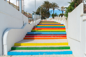 Fototapeta na wymiar Colorful stairs in the small touristic town of Nerja on the sunny Costa Del Sol in the province of Malaga in Spain