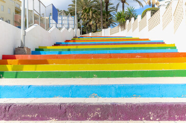 Colorful stairs in the small touristic town of Nerja on the sunny Costa Del Sol in the province of Malaga in Spain